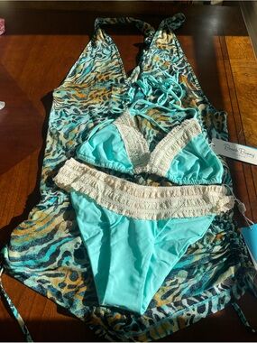 Lot of Luli Fama leopard coverup O/S and beach bunny aqua crochet bikini XL/M